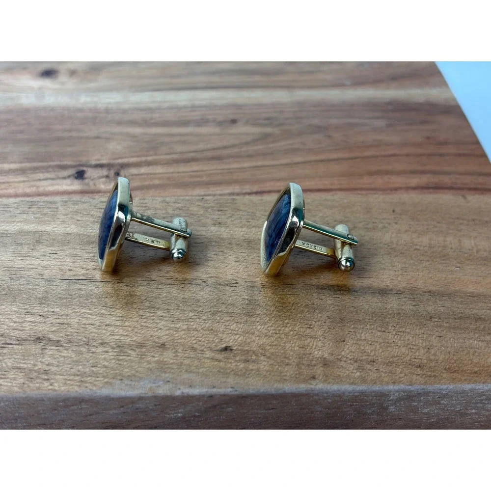 Hickok Cufflinks Blue Gray Gold Vintage MCM Marbled Stone Old Money Toggle